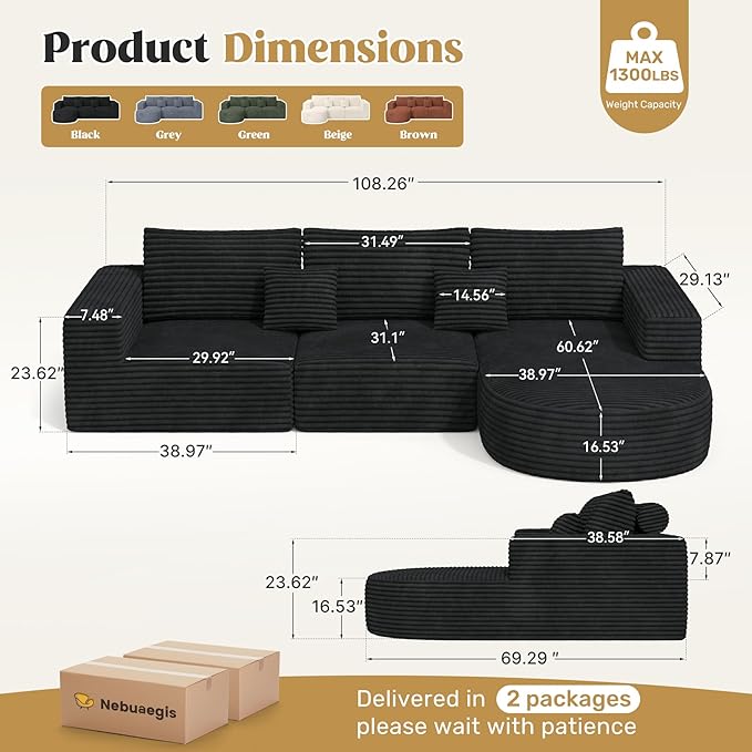 110" Modular Sectional Sofa Couches, Cloud Couches for Living Room, Boneless Sofa with Deep Seat,L-Shape Couch with Chaise,No Assembly Required,Black,1 PCS