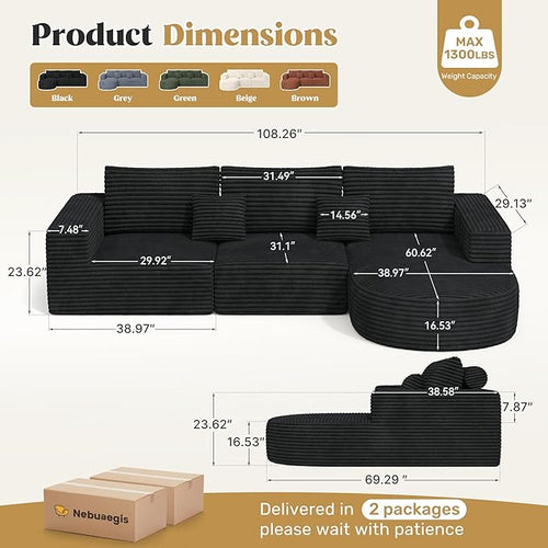 110" Modular Sectional Sofa Couches, Cloud Couches for Living Room, Boneless Sofa with Deep Seat,L-Shape Couch with Chaise,No Assembly Required,Black,1 PCS