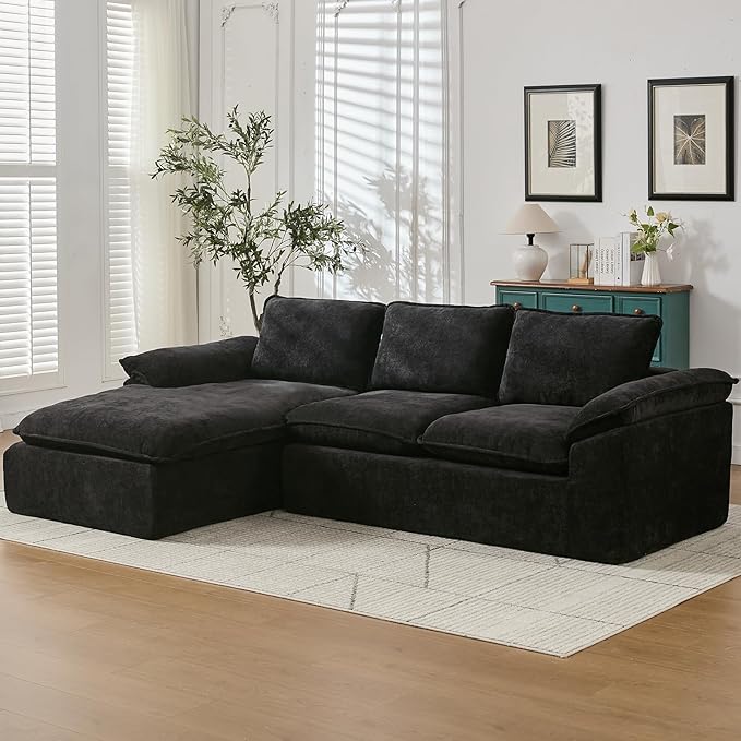 105.6”L Shape Modular Sectional Couch for Living Room, Modern Cloud Sectional 3 Seat Sofa with Oversized Chaise, Woven Texture Upholstery Boneless Couch (Black, Left Facing Chaise)