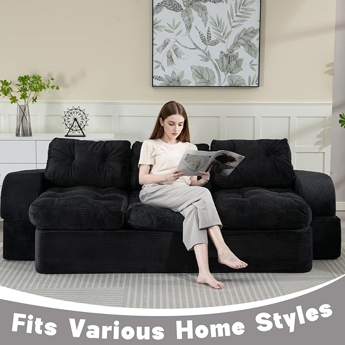 MeMoreCool Floor Sofa Black Boneless Cloud Couch – 3-Seater Convertible Sofa Bed, Tufted Corduroy, No Assembly Modular Cushion Design, Compressed in a Box, for Living Room and Bedroom