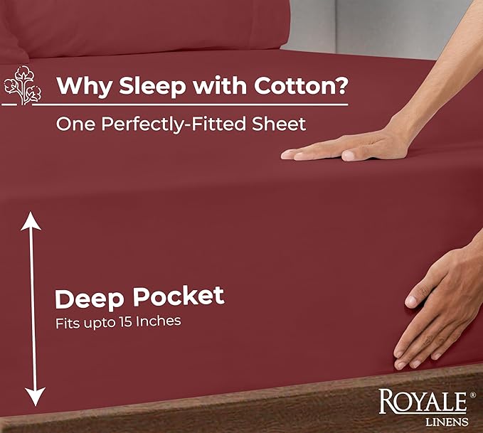 Royale Linens 100% Organic Cotton Fitted Sheet - Percale Weave - Super Soft Deep Pocket Bottom Sheets - Elastic Sheet Twin Size - Twin Fitted Sheets Only - (39"x75"+15", Red)
