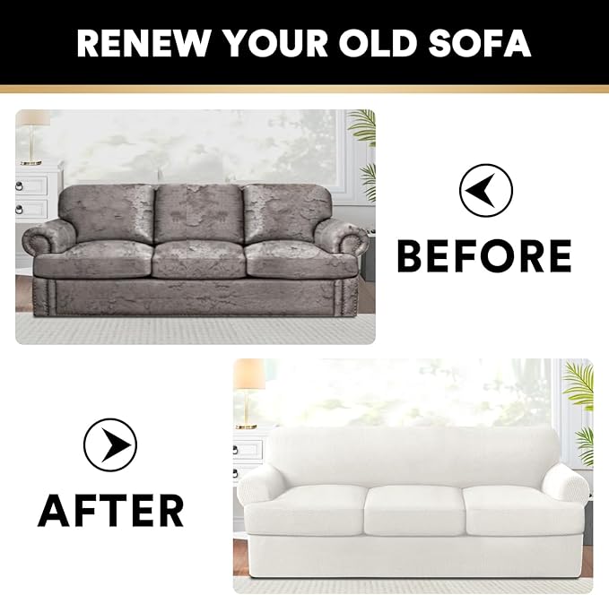 PrinceDeco T Cushion Sofa Slipcover 4 Pieces Sofa Covers for T Cushion Couch Soft Sofa Slip Covers Furniture Protector with 3 Individual T Shape Seat Covers Width Up to 88" Porcelain