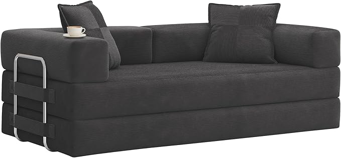 78 Inch Convertible Sofa Bed, 5-in-1 Futon Sofa Bed Pull Out Couch, Boneless Couch Bed for Living Room, Corduroy Boneless Couches for Bedroom, Apartment, No Assembly Sleeper Sofa Bed, Gray | 4 Fixed-Shape Frame, Removable Corduroy, High-density foam, W...