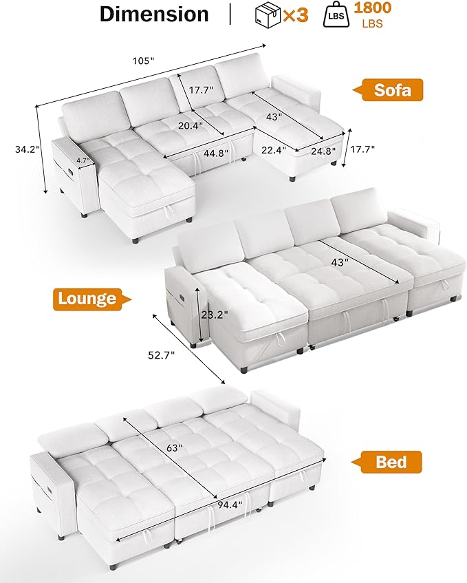 WEUP Modular Sectional Sleeper Sofa Bed, 105" U-Shaped Couch Bed with Adjustable Backrest, Pull Out Couch with Double Storage Chaise, USB Charging & Tool-Free Assembly, Chenille Beige | Reclining Backrest, Tool-Free Assembly, Breathable material