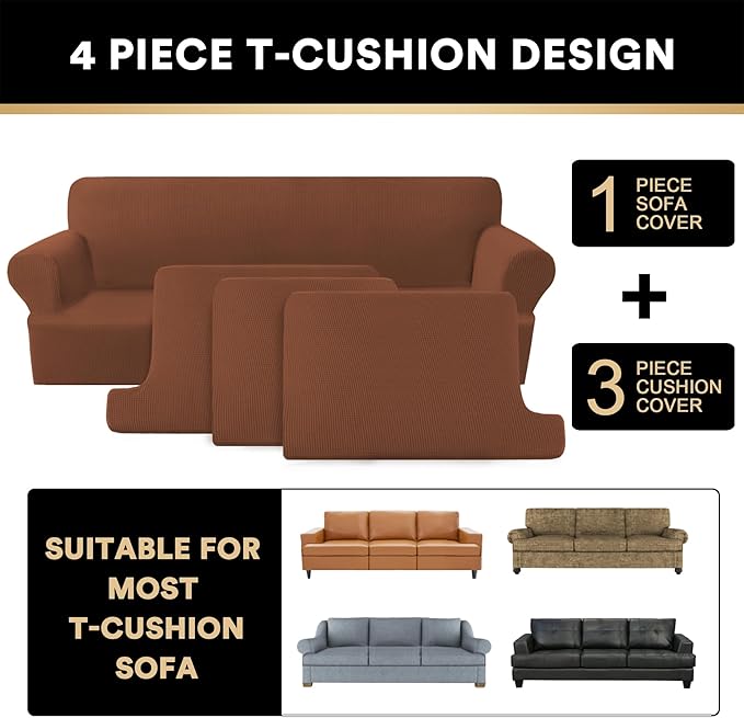 PrinceDeco T Cushion Sofa Slipcover 4 Pieces Sofa Covers for T Cushion Couch Soft Couch Cover (70"-88") Sofa Slip Cover Furniture Covers with 3 Individual T Shape Seat Covers Washable, Caramel