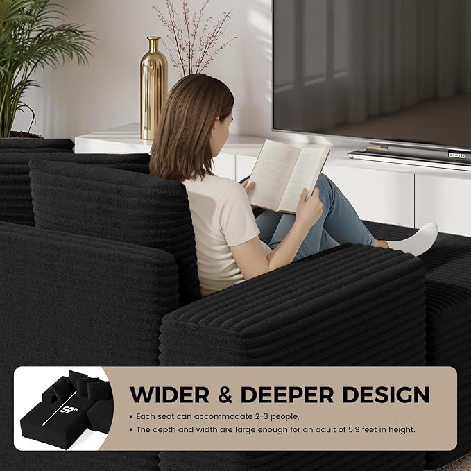111'' Modular Sectional Cloud Couches with Chaise, L Shaped Extra Large Sleeper Couch Reversible Fluffy Corduroy with 8pcs Pillows for Living Room(Black Left Facing Chaise)