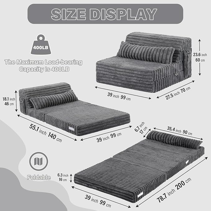 Tiita Folding Sofa Bed Twin Size, Convertible Sleeper Chair Mattress with Pillow, Thick Corduroy Floor Mattress Couch Bed with Side Pocket, Guest Room, Dorm, Apartment, Grey