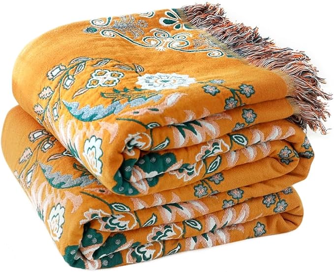 Boho Throw Blanket for Bed 100% Cotton Soft Lightweight Quilt Floral Embroidery Home Decor Spring Breathable Bed Blanket,60"x80" All Season Reversible Twin Yellow Blankets for Sofa Couch Chair