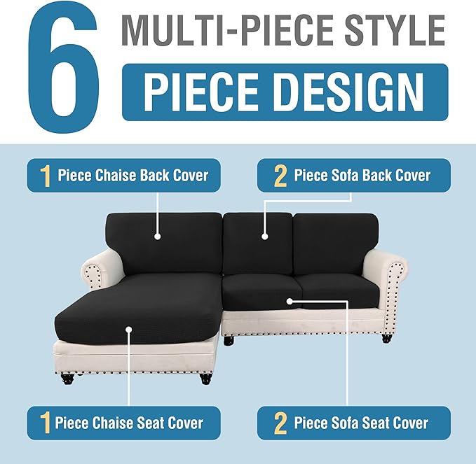 H.VERSAILTEX 2025 New Sectional Couch Covers 6 Pieces Stretch Sofa Covers for Sectional Sofa Set Separate L Shaped Couch Cover for Both Left/Right Couch (Seat and Back: 1 Chaise + 2 Sofa, Black)