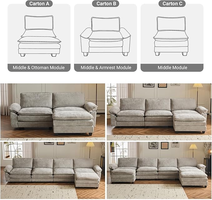 VINGLI 122" Cloud Double-Layer Deep Convertible Sectional Sofa, Comfy L-Shape 3-Seat Couches for Living Room, Modern Couch with Movable Ottoman for Small Space, Light Grey, Chenille