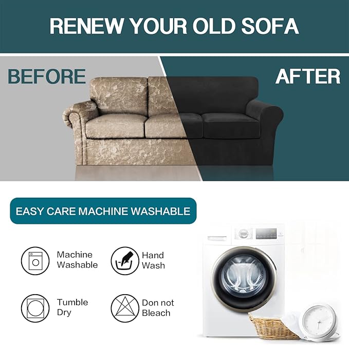 FantasDecor 3 Piece Sofa Covers Velvet for 2 Cushion Couch Stretch Loveseat Slipcover with Individual Seat Elastic Furniture Protector for Pets (Loveseat, Black)
