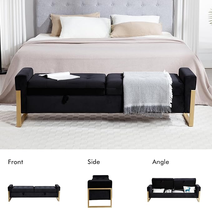 67" End of Bed Storage Bench for Bedroom King Size, Double Lids Storage Ottoman Bench with Golden Legs, Velvet Bed Bench for Living Room Window Entryway, Black