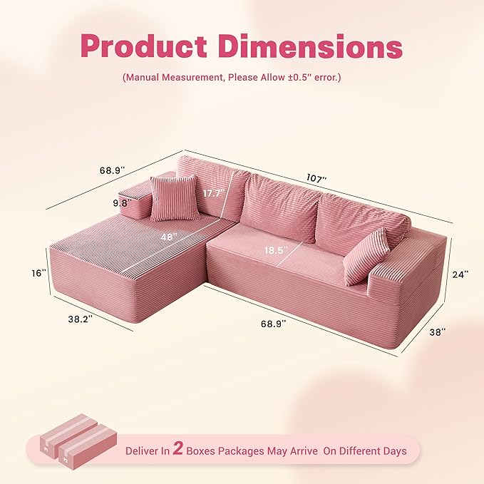 107" Boneless Couch with Deep Seat, Set of Modular Sectional Sofa, Cloud Sectional Couch for Living Room, No Assembly Required, Corduroy, L-Shape Left, Pink