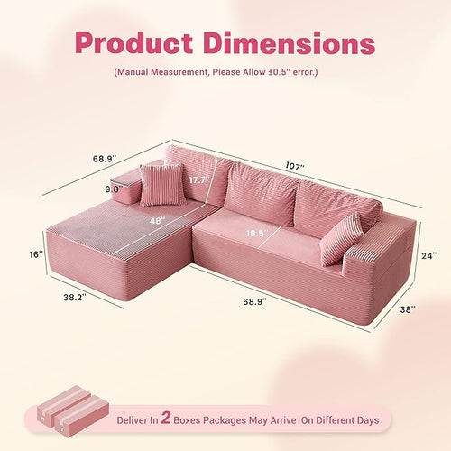 107" Boneless Couch with Deep Seat, Set of Modular Sectional Sofa, Cloud Sectional Couch for Living Room, No Assembly Required, Corduroy, L-Shape Left, Pink