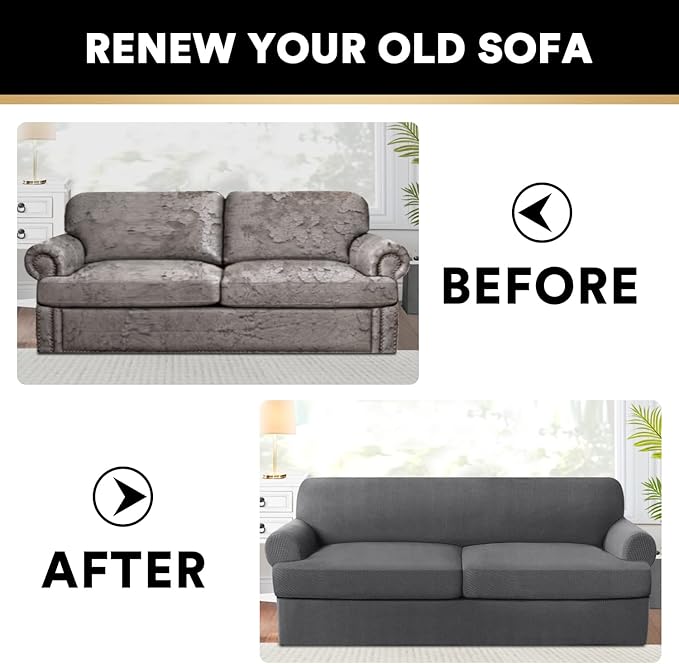 PrinceDeco T Cushion Sofa Slipcover 3 Pieces Sofa Covers for T Cushion Couch Soft Couch Covers Sofa Slip Cover Furniture Covers with 2 Individual T Shape Seat Covers Width Up to 88", Grey