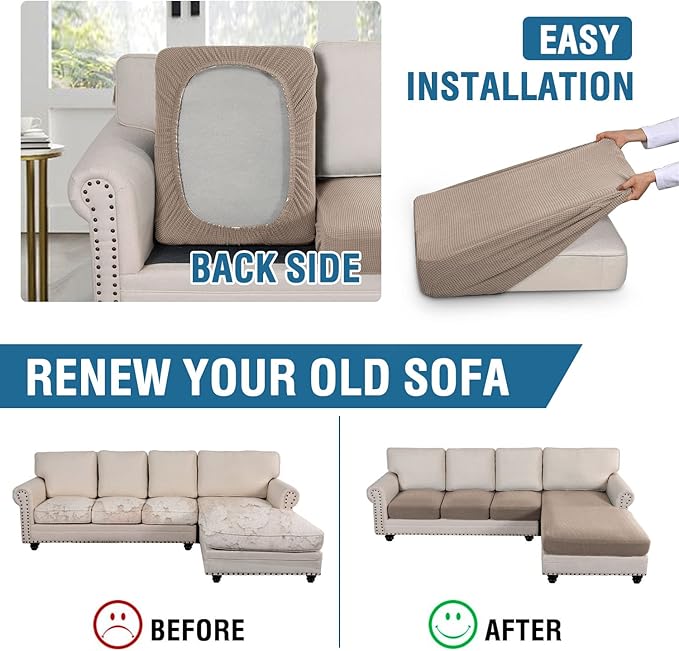 H.VERSAILTEX Sectional Couch Covers 4 Pieces Sofa Seat Cushion Covers L Shape Separate Cushion Couch Chaise Cover for Both Left/Right Sectional Couch (Seat Only: 1 Chaise + 3 Sofa, Sand)