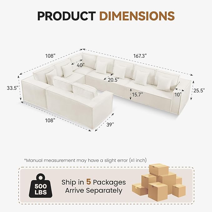 167'' Boneless Chenille U Shaped Couch, Oversized Modular Sectional 9 Seater Sofa, Modern Deep Seat Corner Cloud Compressed Couch, No Assembly Sleeper Sofa with Chaise for Living Room, Beige