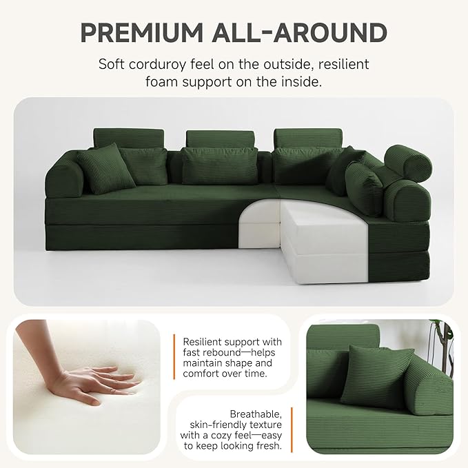 106" L-Shaped Boneless Sectional Couch, 2-Piece 70.87" Modules, Converts to 141.7" Extra-Long Straight Sofa, Corduroy Couch in a Box with Headrest & Back Pillows for Living Room, Dark Green