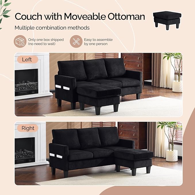 VINGLI 68.5' L Shaped Couch with Movable Storage, Convertible Sectional Sofa in Corduroy Fabric, Modern Reversible Chaise Couch for Small Spaces, Apartment, Living Room，Black
