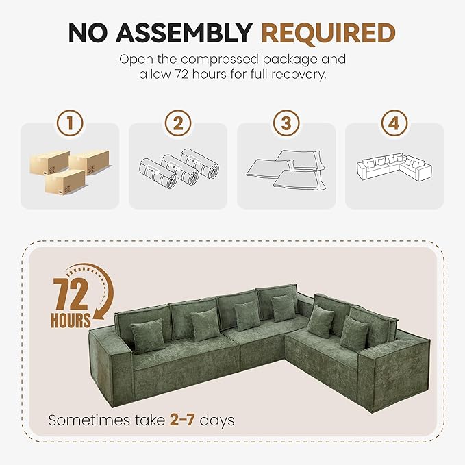 138'' Boneless Chenille L Shaped Couch, Oversized Modular Sectional 6 Seater Sofa, Modern Deep Seat Corner Cloud Compressed Couch, No Assembly Sleeper Sofa with Chaise for Living Room, Green