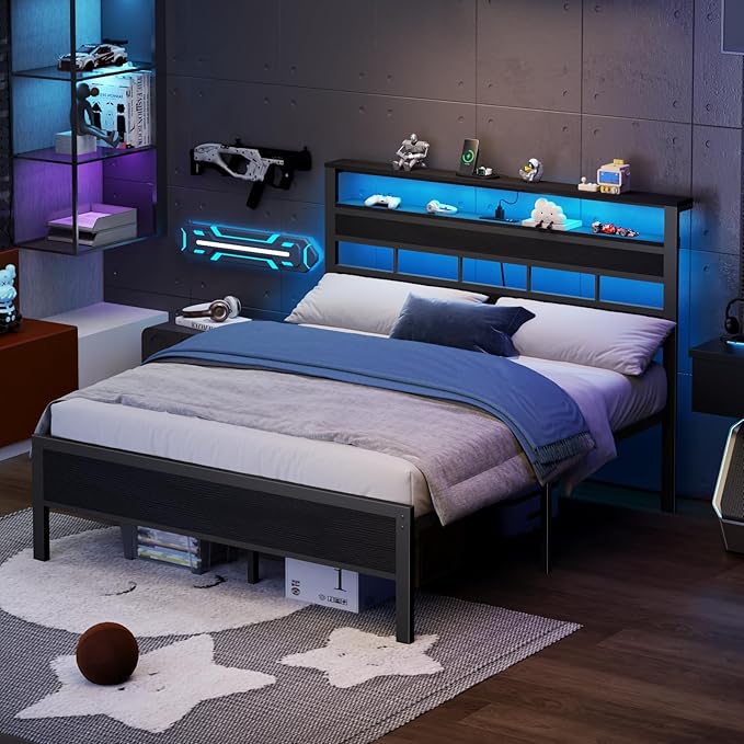 Furnulem Queen Bed Frame with Storage Headboard and LED Lights, Metal Bedframe with Charging Station and USB Port, Queen Size Platform Bed with Heavy Duty Slats, No Box Spring Needed, Black Oak