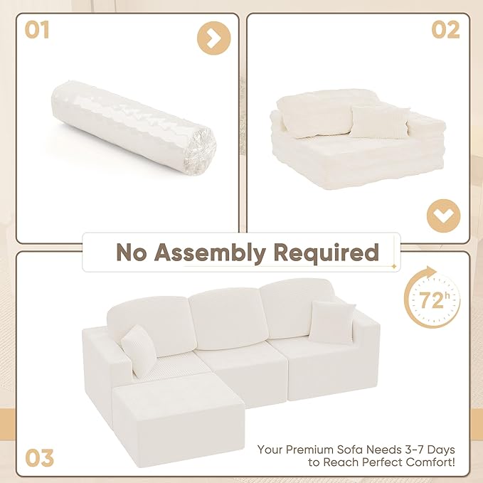 YESHOMY 98.4" Boneless Couches for Living Room, Comfy Modular Sectional Couch, Cloud Couch with Deep Seat, L-Shaped Sofa with Ottoman, Beige