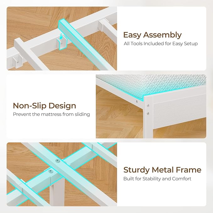Seventable Bed Frame King Size with Charging Station, LED Bed with Upholstered Storage Headboard, Metal Platform Bed with Under Bed Storage, No Box Spring Needed, Noise Free, Easy Assembly, White