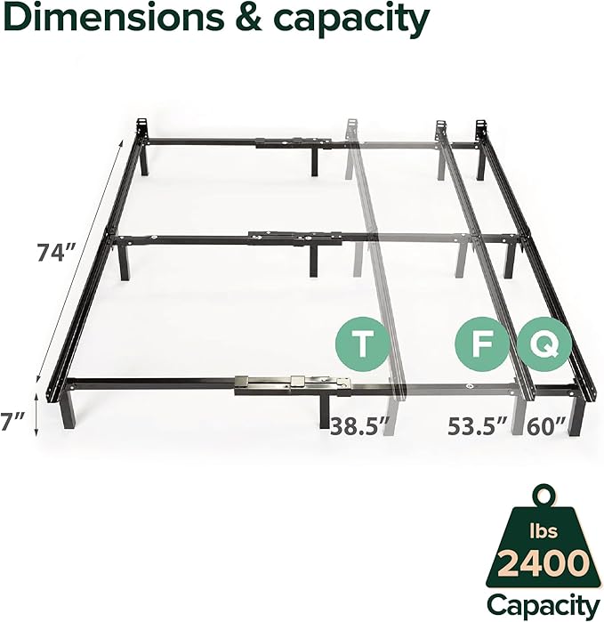 ZINUS Compack Metal Adjustable Bed Frame / 7 Inch Support Bed Frame for Box Spring and Mattress Set, Twin/Full/Queen