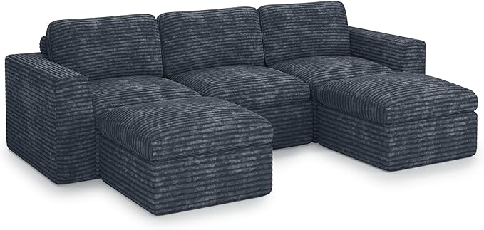 Belffin Boneless Modular Cloud Sectional Couch with Deep Seat Plush Corduroy 3-Seater Boneless U Shaped Couch with Ottoman No Assembly Required. Grey Sofa