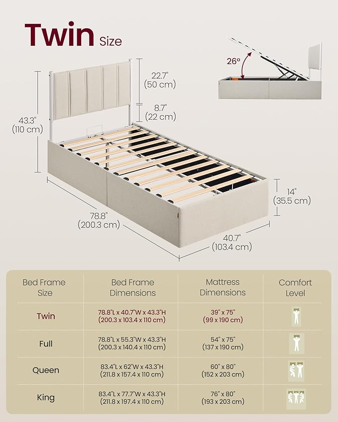 VASAGLE Lift Up Storage Bed Frame Twin Size, Hydraulic Platform Bed, with Upholstered Headboard, 550 lb Weight Capacity, No Box Spring Needed, Easy Assembly, Modern, Cappuccino Beige URMB603W01