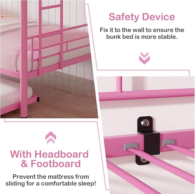 VECELO Bunk Bed Twin Over Twin with Trundle, Metal Bunkbeds with Ladder and Full-Length Guardrail, No Box Spring Needed, Space Saving, Noise Free, Pink