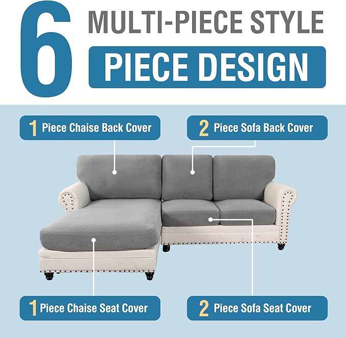 H.VERSAILTEX Sectional Couch Covers 6 Pieces Stretch Sofa Covers for Sectional Sofa Set Separate L Shaped Couch Cover for Both Left/Right Couch (Seat and Back: 1 Chaise + 2 Sofa, Dove)