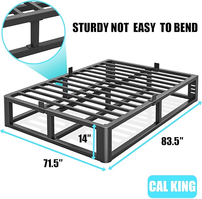 Firpeesy Metal Heavy Duty 14 inch California King Bed Frame with Rounded Corner and Headboard Hole Mattress Retainers 3500 LBS No Box Spring Needed Platform Noise Free Easy Assembly