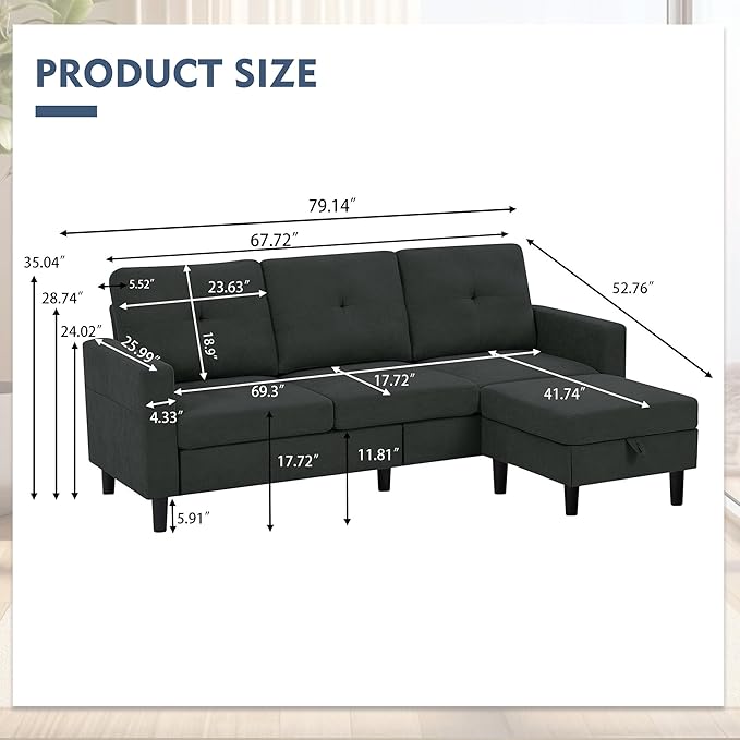 79" Convertible Sectional Sofa, Small L Shaped 3 Seat Couch with Storage Chaise and Side Pocket, Modern Linen Fabric Reversible Sofa Couches for Living Room, Apartment and Small Space