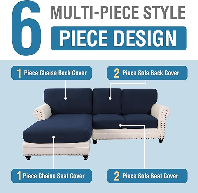 H.VERSAILTEX Sectional Couch Covers 6 Pieces Stretch Sofa Covers for Sectional Sofa Set Separate L Shaped Couch Cover for Both Left/Right Couch (Seat and Back: 1 Chaise + 2 Sofa, Navy)