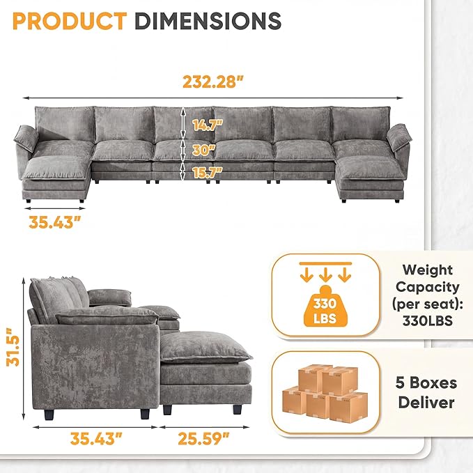 232.28'' Oversized U Shaped Couch, Modular Sectional Sofa with 2 Movable Ottoman, Chenille Cloud Couches with Double Layer Cushion, Thick Cushions Couches for Living Room (Light Grey, Oversized Sofa)