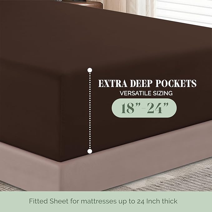 Elegant Comfort 1500 Premium Hotel Quality 18-24 Inches Deep - Extra Deep Pocket Single Fitted Sheet for High Mattress, Luxury and Softest, Smart Pocket - Wrinkle Free, King, Chocolate Brown