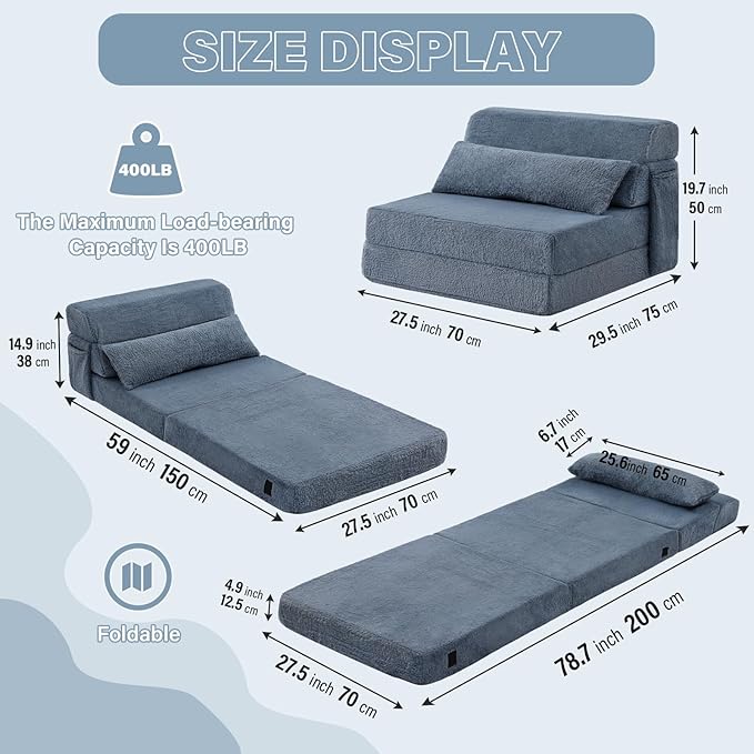 Tiita Convertible Folding Sofa Bed Single Size for Adults with Pillow, Plush Fabric Floor Mattress Couch Bed, Washable Cover & Side Pocket, Guest Room, Dorm, Apartment, Living Room, Blue Gray