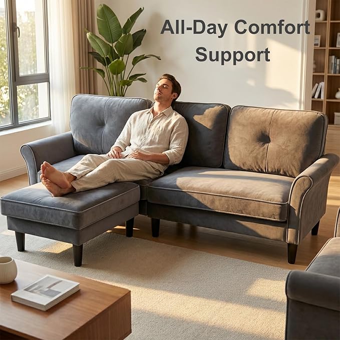 Sofas for Living Room, 83" Velvet Sectional Couch with Moveable Ottoman, Midcentury Modern Small Sectional Couch, L Shape Sofa & 2 Seater, Couches for Living Room, Apartment, Bedroom, Grey