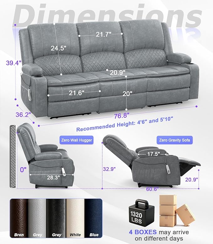Power Loveseat Recliner Sofa, Removable Armrest 3 Seats Power Reclining Loveseat with Remote Liftable Console, Wall Hugger RV Theater Seating with Storage & USB & RGB (PU, Grey)