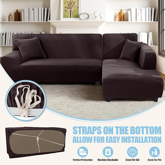 KinCam Sectional Couch Covers L Shape Sofa Covers Super Stretch 2pcs Sofa Slipcovers for 3 + 3 Seaters Sectional Chaise Slipcover with 2pcs Pillow Covers for Pets Kids, Brown
