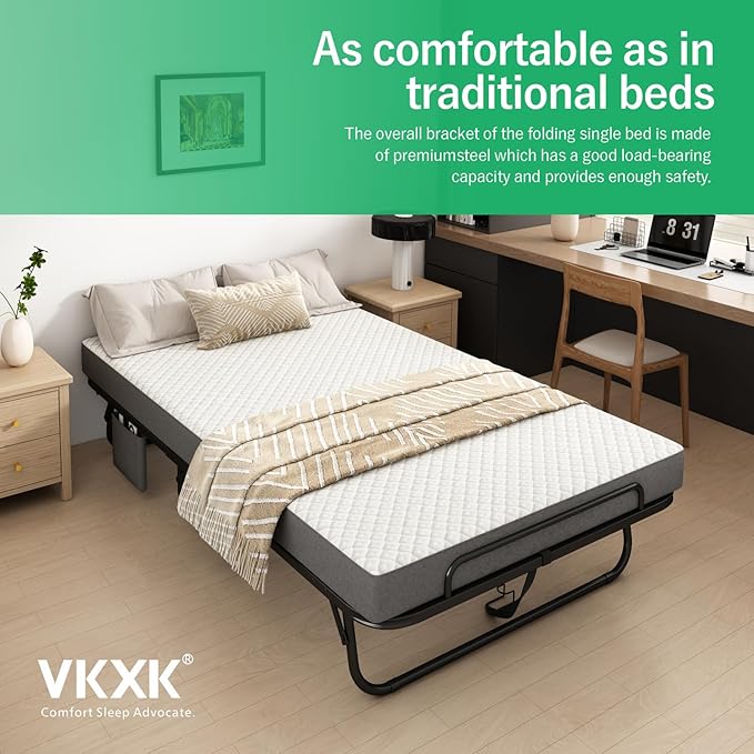 Folding Bed with Mattress for Adults, 75" x 45" Portable Twin XL Size Rollaway Bed, Metal Frame Foldable Guest Bed with Memory Foam Mattress,Deluxe Extra Beds with Side Storage Pocket