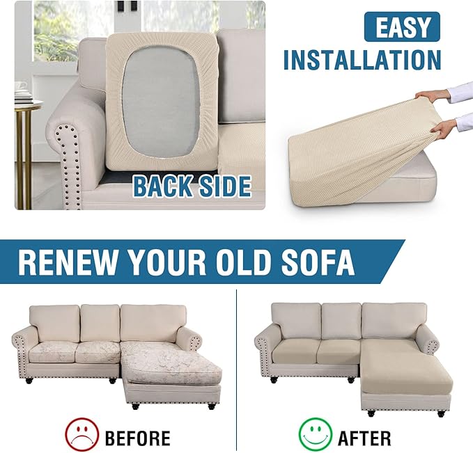 H.VERSAILTEX Sectional Couch Covers 3 Pieces Sofa Seat Cushion Covers L Shape Separate Cushion Couch Chaise Cover for Both Left/Right Sectional Couch (Seat Only: 1 Chaise + 2 Sofa, Natural)