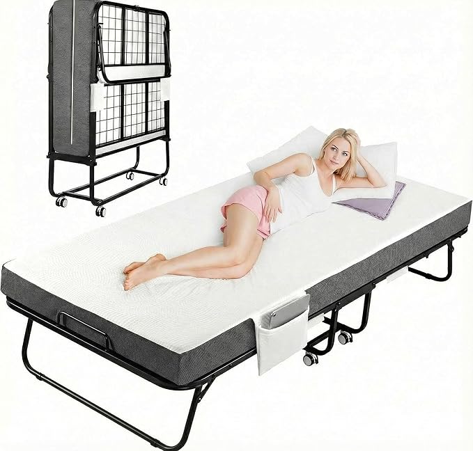 MAMIZO Foldable Bed,Portable Bed,Folding Bed with Mattress,75" x 38" Twin Size Rollaway Bed with Mattress for Adults,Metal Frame with Memory Foam Mattress,for Bedroom,Office,Camp,No Assembly Required
