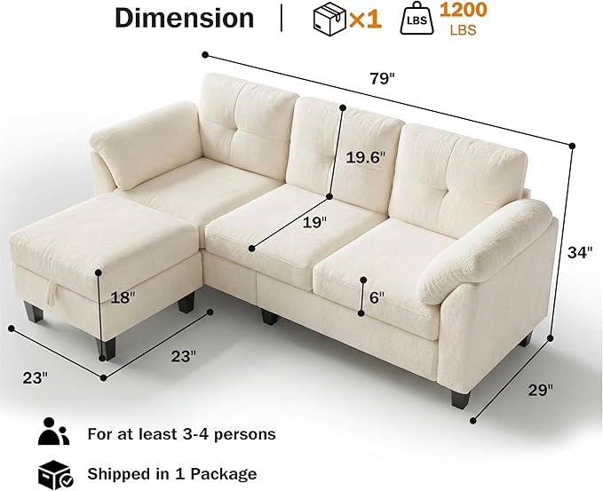 WEUP 79" Convertible Sectional Couch with Storage Ottoman, L Shaped Small Sofa, 4 Seat Couches for Living Room, Apartment, Small Space, Beige