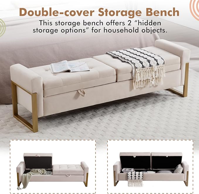 67" Storage Bench for Bedroom End of Bed, Velvet King Size Bed Bench with Double Lids and Gold Legs, Storage Ottoman Bench with Arms for Living Room Window and Entryway, Beige