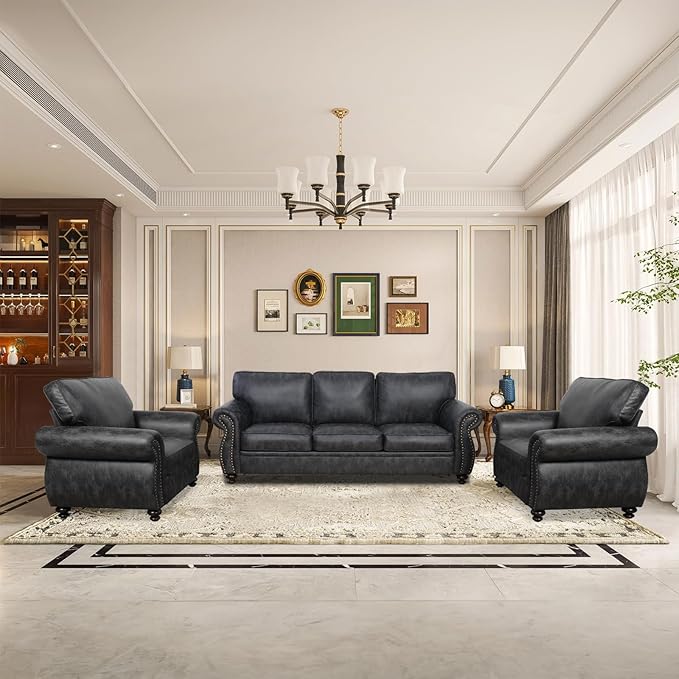 Living Room Furniture Sets,Sofa Sets and Couch Sets for Living Room,Mid-Century Vintage Sofa Couches with Rivet Design (Grey, 2 Single+3 Seater)