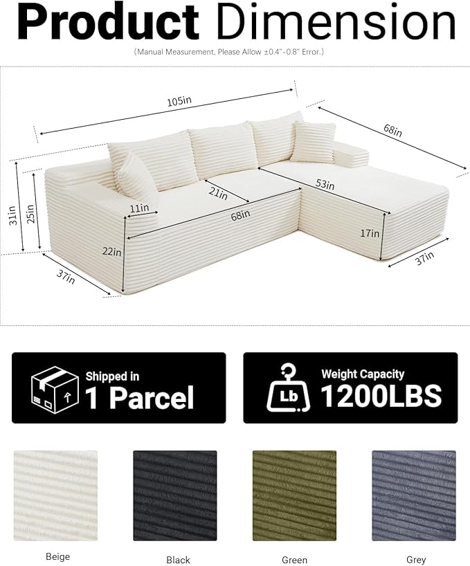 Cloud Sectional Couch,108" Modern Modular Sectional Sofa with Deep Seat,Corduroy Boneless Couches with L-Shape Chaise for Living Room,No Assembly Required (Beige, Right Facing Chaise)