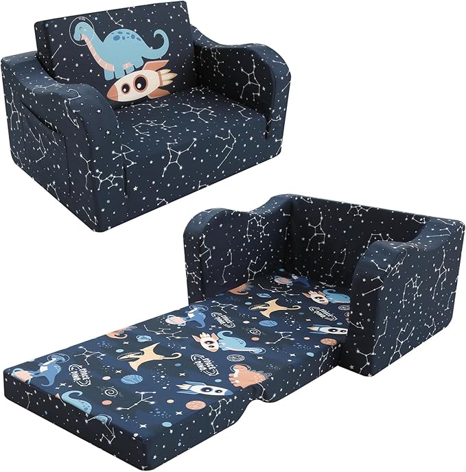 MeMoreCool Toddler Couch, 2-in-1 Kids Couch Fold Out to Lounger, Comfy Toddler Chair for 1-3 Year Old, Soft Foam Kids Sofa with Washable Cover and Side Pocket, Midnight Galaxy