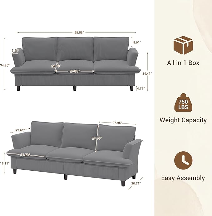 3 Seater Corduroy Couch, Comfy Couch with Deep Seat, Modern Sofa Couch for Living Room, Office, Bedroom, Apartment | Breathable material, Pet - friendly, Strong support